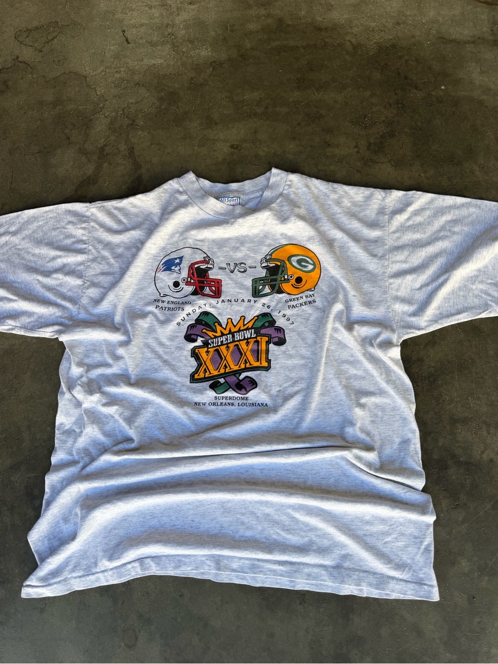 VTG RARE Super Bowl XXXI 1997 Tee Patriots Packers All Sport Proweight Men’s XL